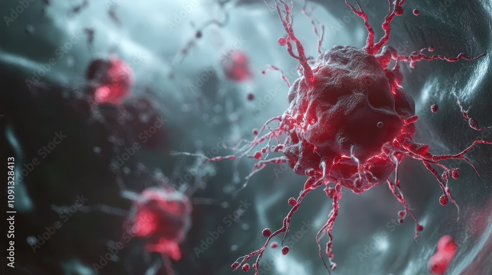Poster close-up view of red cells interacting in a scientific context.