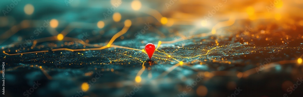 Poster vibrant digital map with a red location marker highlighting a city spot amidst glowing network conne
