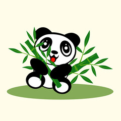 Naklejka premium Vector illustration of a panda holding bamboo, expressing joy and cuteness. Perfect for children's designs, fun themes, or wildlife concepts. The panda's cheerful face adds a charming touch.