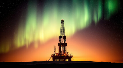 Obraz premium Dramatic oil rig silhouette under northern lights at sunset