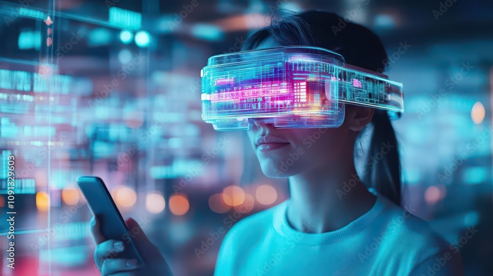 Aufkleber a user wearing augmented reality glasses synced with a smartphone, holographic visuals, modern setti