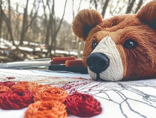 Dreamy Bear Portrait on Unfinished Embroidery Canvas with Winter Scene