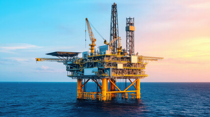 High tech oil drilling rig under vivid sunset over ocean