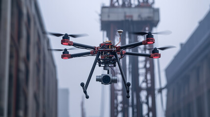 Fototapeta premium Industrial drone inspecting towering oil rig in foggy environment