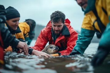 A rescue team pulling together to save a stranded animal during a flood, dramatic water currents, lowangle shot, emotional and heroic tone