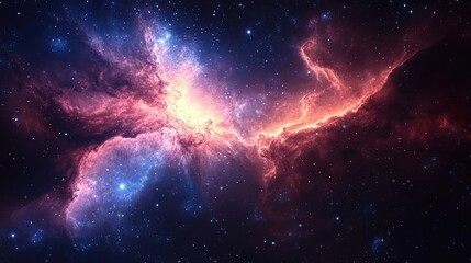 Fototapeta premium Vibrant cosmic nebula with vibrant pink and blue clouds illuminated against a starry galaxy backdrop, ideal for space and astronomy themes.