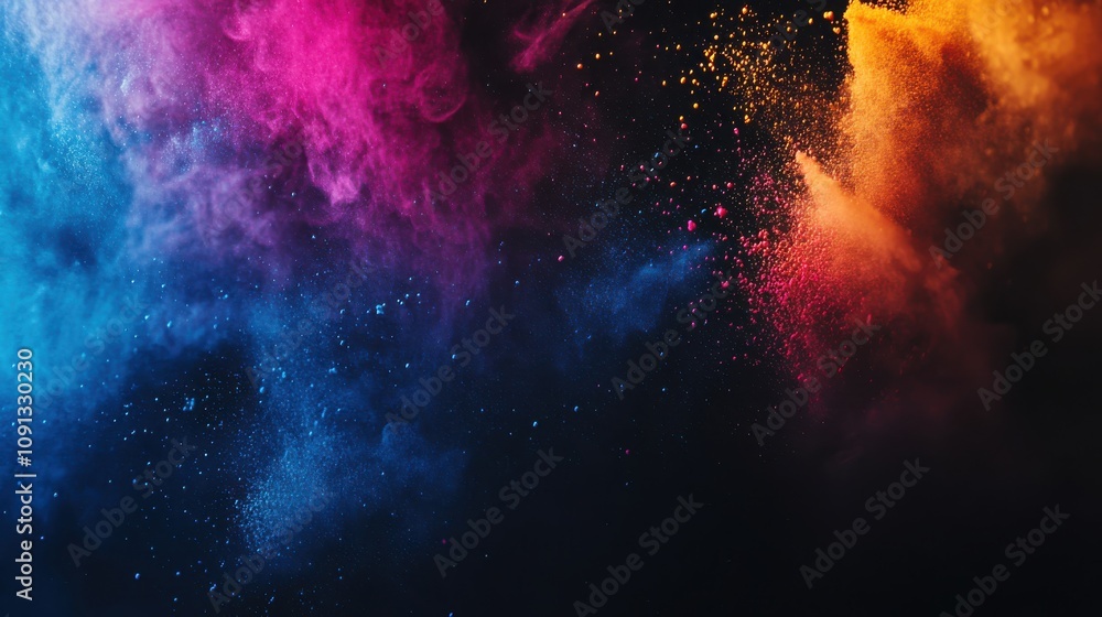 Poster vibrant explosion of colorful powder on dark background creating ethereal atmosphere with splashes o