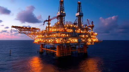stunning night view of fully illuminated offshore oil platform, showcasing its intricate structure