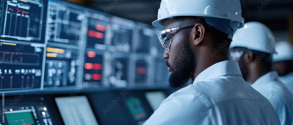 Poster workers monitoring high tech control room with advanced technology