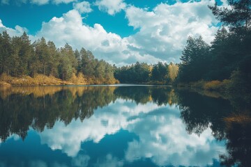 Fototapeta premium Breathtaking natural scenery - fog, forest and water