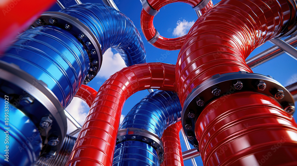 Poster modern industrial pipes in red and blue against clear sky create striking visual. intricate design s