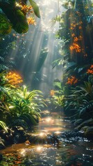 Fototapeta premium Sunlight streams through lush tropical foliage, illuminating a serene creek.