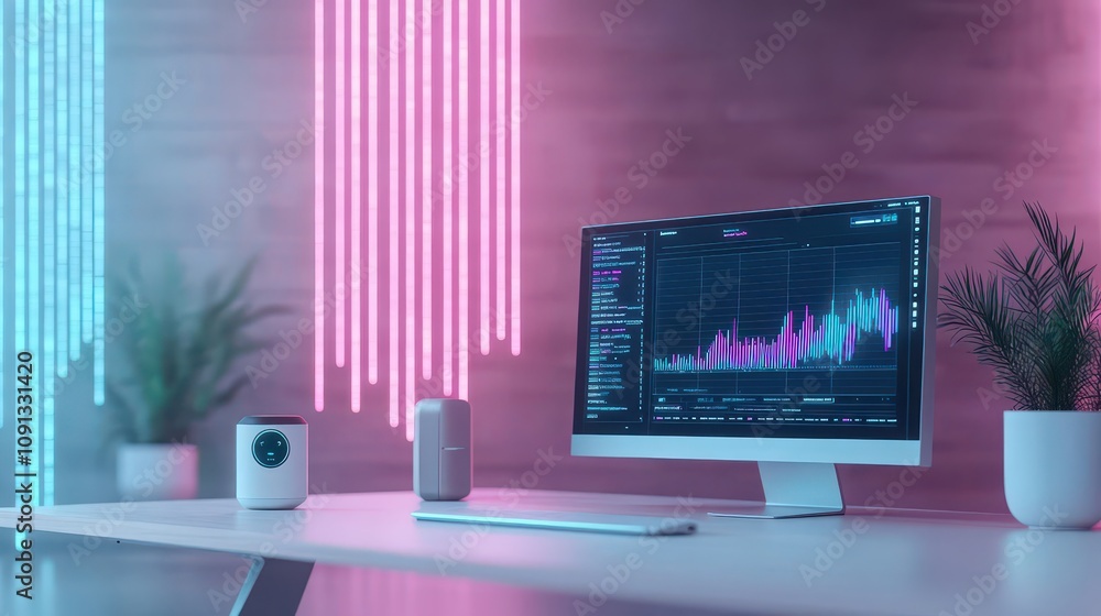Poster A futuristic productivity setup with voiceactivated AI assistants and an immersive 3D virtual workspace robotic tone Tetradic Color Scheme