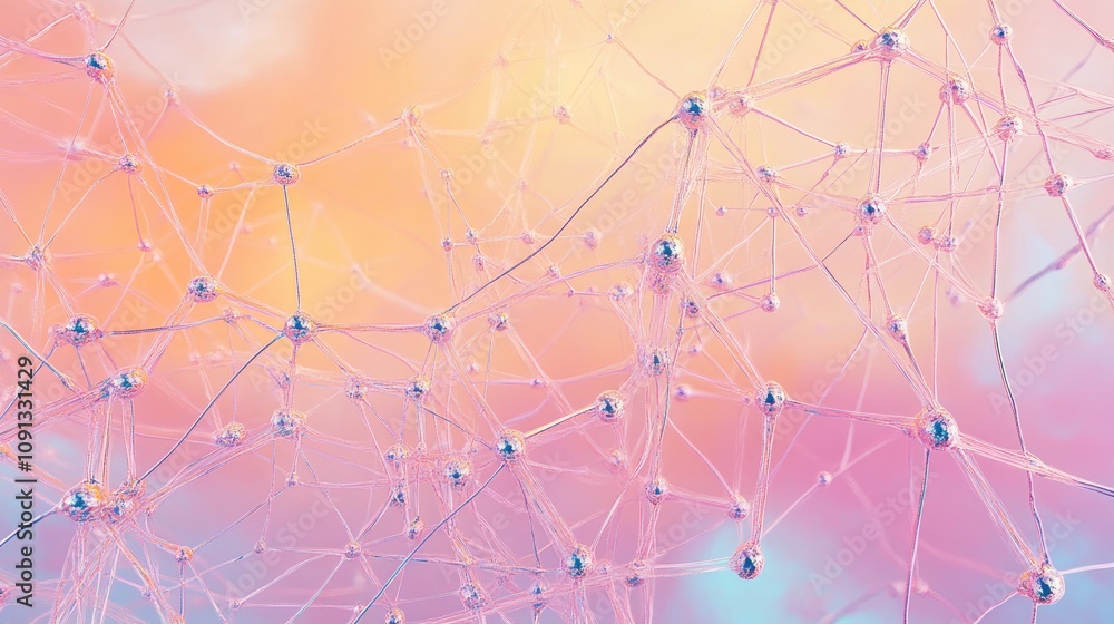 Poster neural network design with metallic nodes interconnected, set against a soothing pastel gradient bac