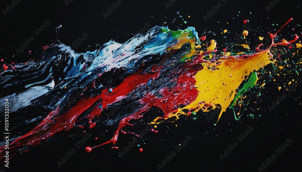 Poster vibrant paint splash creating dynamic abstract art on dark background with vivid colors and fluid mo