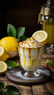 Lemon creme latte ice cream topped with a dollop of creamy foam and a thin layer of golden syrup, on a rustic wooden table. AI generated.