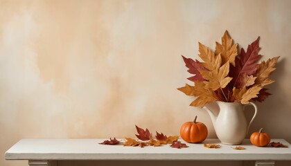 Rustic Autumn Still Life with White Ceramic Pitcher and Decorative Pumpkins against Neutral Background with Copy Space
