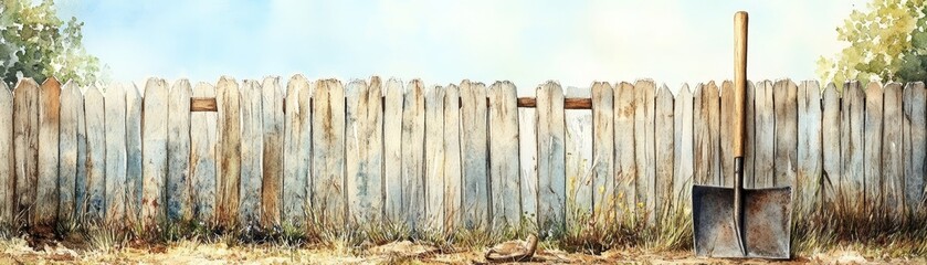 Rustic Fence with Rake and Shovel in Nature Scene