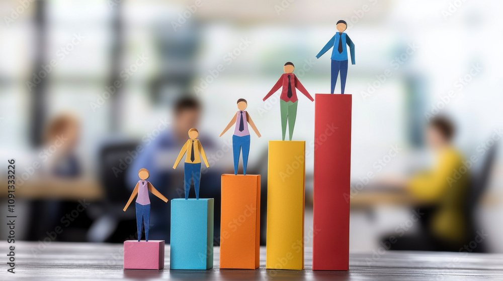 Poster colorful paper figures standing on bar graph symbolize growth and teamwork in business environment. 