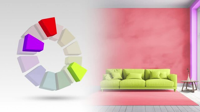 Split complementary color scheme of red,yellow green,violet for living interior
