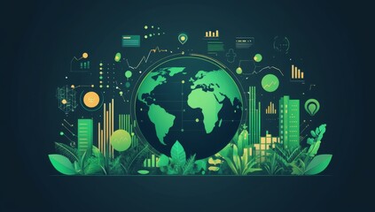 Digital Globe with Global Business Icons and Environmental Sustainability, Overlaid with Data Visualizations Showing Growth Trends in Corporate Innovation
