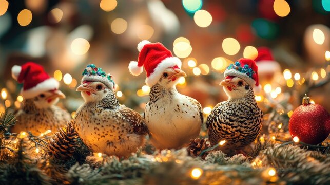 Festively adorned poultry wearing colorful holiday hats surrounded by twinkling decorative lights in a whimsical winter celebration setting