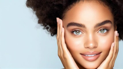 A woman showcases her natural beauty with glowing skin and bright eyes in a simple, elegant setting during daytime