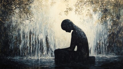 Silhouette of a tranquil figure seated amidst gentle waterfalls and soft light, surrounded by soothing shadows and natural elements.