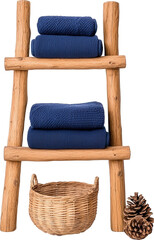 Obraz premium Rustic wooden towel ladder with woven basket.