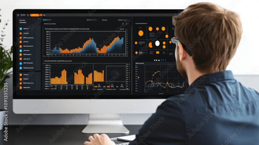 Poster A person is focused on analyzing detailed data visualizations on a large computer screen in a stylish office. The display features various graphs and charts, showcasing important metrics.