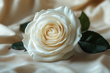 Close-up of a white rose with delicate petals on silk