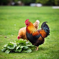 Fototapeta premium Three hens on green grass, eating a pile of mixed greens including lettuce, spinach, and kale.