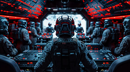 Soldiers standing on the bridge of a futuristic space ship surrounded by computers