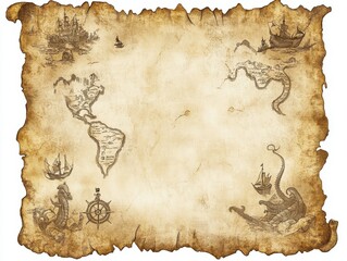 Fototapeta premium Vintage Treasure Map Featuring Old Sailing Ships, Compass Rose, and Elaborate Cartography Elements with Distressed Edges and Nautical Themes