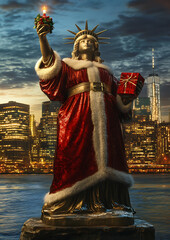 A festive Statue of Liberty in New York, wearing a Santa Claus outfit, holding a gift and candle in a glowing twilight scene