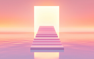 Obraz premium A glowing staircase over calm water leading to light, symbolizing mental health, personal transformation, well-being, and growth.