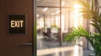 Open door with exit sign, symbolizing the freedom and opportunity to leave behind the past and embrace new beginnings, encouraging a sense of liberation and forward movement.