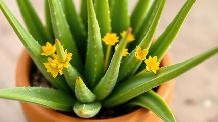 Obraz premium Aloe vera plant with thick green leaves and yellow flowers in a small terracotta pot, greenhouse plants, indoor plants