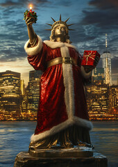 A hyper-realistic, festive Statue of Liberty in New York, wearing a Santa Claus outfit, holding a gift and candle