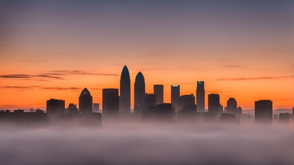 Silhouette of charlotte skyline under a soft morning mist with a glowing orange sunrise, Ai Generated