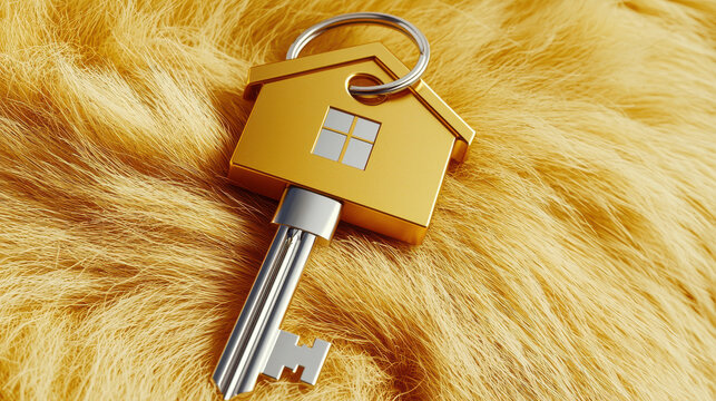 Golden house key on soft fur background symbolizes real estate success and security. This evokes feelings of warmth and comfort associated with home ownership