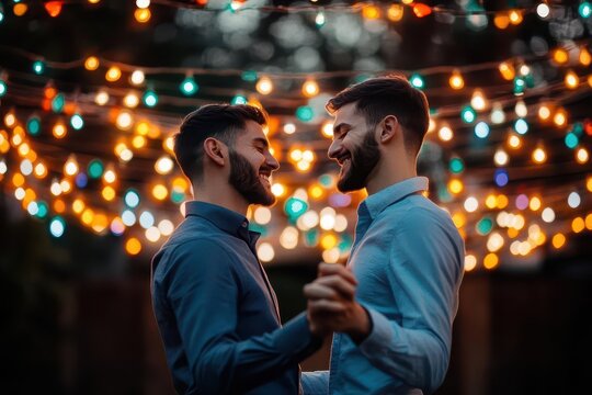 A couple of gay men dancing under a canopy of fairy lights, romantic atmosphere, sharp focus, photojournalistic style