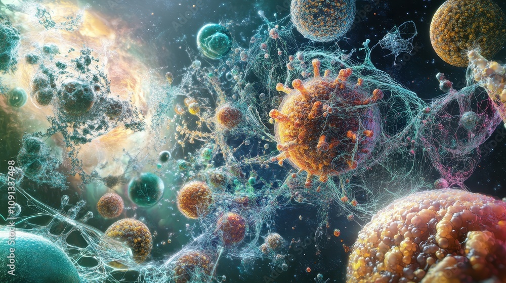 Poster a vibrant depiction of microscopic life forms and cellular structures in a cosmic setting.