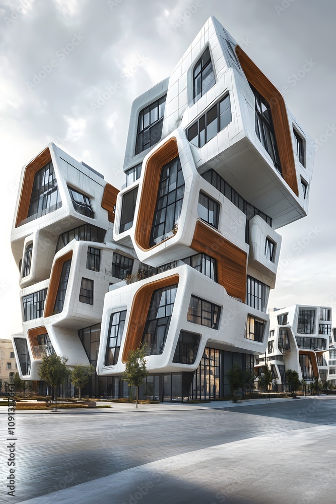 Poster a modern, abstract architectural structure with unique shapes and large windows.