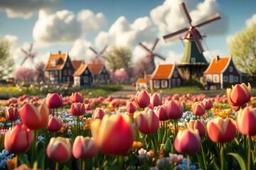 Obraz premium A colorful tulip field with windmills in the background