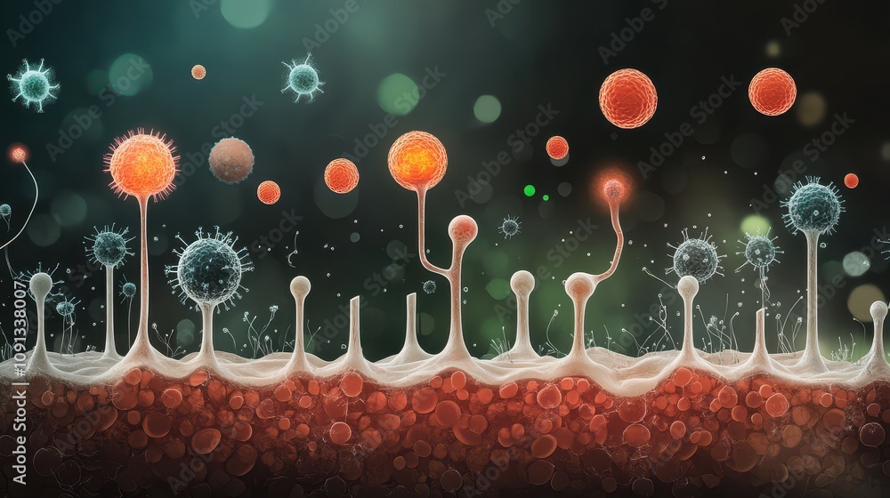 Poster abstract representation of microorganisms and cells in a scientific context.