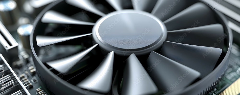 Poster intricate gpu fan assembly macro - captivating close-up of graphic card components with detailed bla