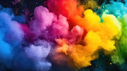 Dynamic explosion of vibrant colors with swirling clouds in shades of red, orange, yellow, green, blue, and purple against a dark background
