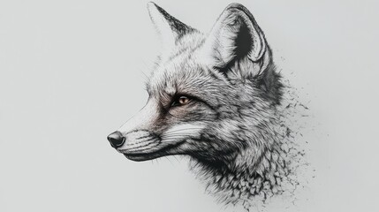 Realistic Illustration of a Silver Fox Head with Intricate Details and a Smooth Texture on a Soft White Background