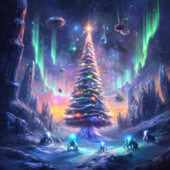 An alien planet celebrating Christmas, with alien creatures exchanging glowing gifts, a massive tree made of crystals, colorful auroras in the alien sky, sci-fi elements, highly detailed